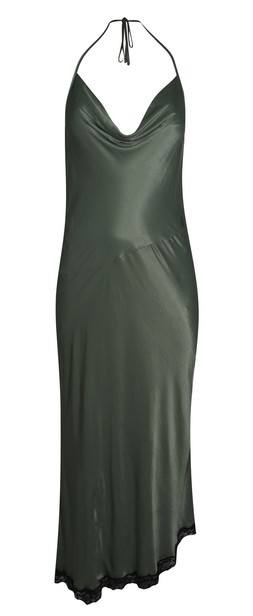 Dark Khaki Halterneck Lace Trim Asymmetric Midi Dress £35.99