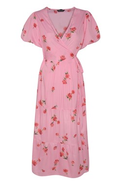 Pink Crepe Rose Print Wrap Midi Dress, £25.99 (944427679)