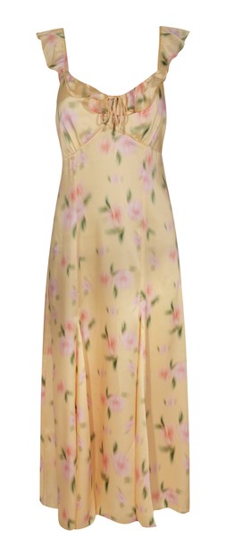 Yellow Floral Print Ruffle Trim Satin Midi Dress £39.99