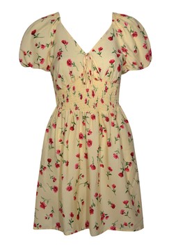 Yellow Crepe Floral Print Puff Sleeve Shirred Mini Dress £29.99