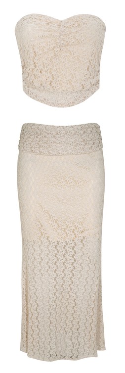 Cream Lace Bandeau Top, £22.99 & Off White Lace Midi Skirt, £29.99
