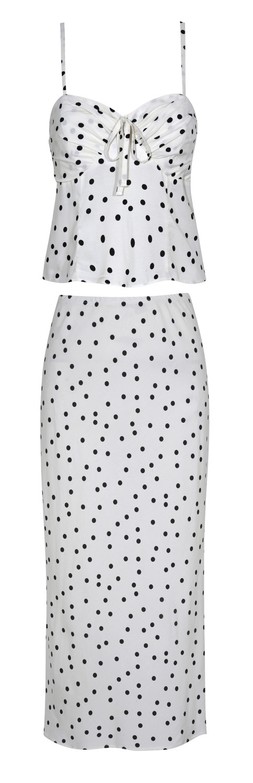 New Look White Polka Dot Cami Top £23.99, Cream Spot Print Bias Cut Midi Skirt £28.99, Set