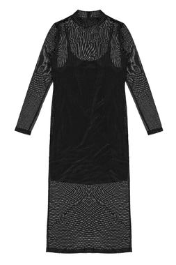 Black Foil Stud Mesh Turtleneck Dress