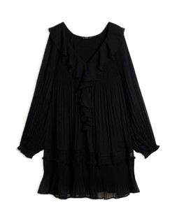Black Pleated Front Ruffle Mini Dress