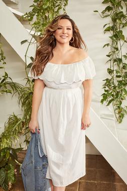 Kelly Brook in White Bardot Broderie Midi Dress
