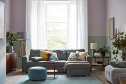 large storage chaise sofa bed in olive green; Joules Ashwicke round large footstool in sky velvet