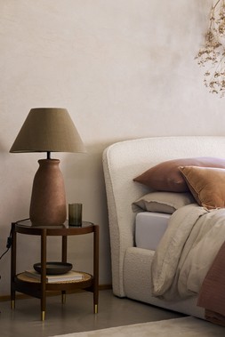 DFS Nario Lamp Table, available at DFS, DFS Cirrus King Size Ottoman Bed Frame in Cream Bouclé