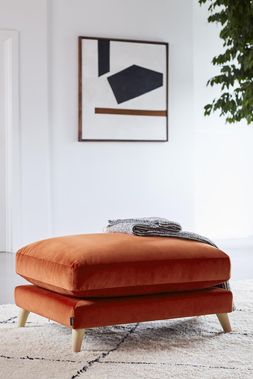 Grand Designs Farnham footstool in terracotta velvet, available exclusively at DFS