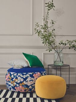 Joules Ashwicke velvet large round pattern footstool, and small velvet footstool in pumpkin, available exclusively at DFS