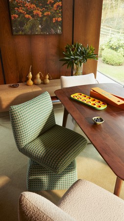 Maxton Rect D Table Dark Stained Mango £599 & Yinka Swivel Dining Chair Ivory Boucle £149 & Yinka Swivel Dining Chair Green Dot Fabric £149