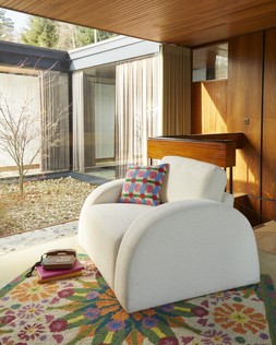 Yinka IIori Half Moon Boucle Snuggle Ivory £499 & SUPPLIER LINE | Yinka Ilori Sweet Flows Cushion 43x43 Blue Pink £28