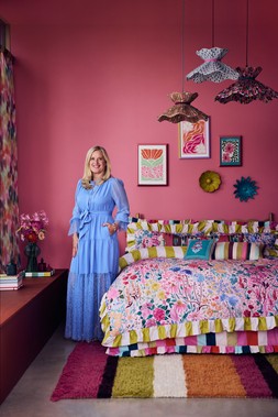 Sunset Stripe pillowcases, set of 2 £20 , Sunset Stripe king duvet cover set £85, Sunset Flowers king duvet cover set £85, Wiggle pleated shades £45 each & Flower wall art £18 each