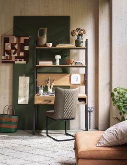 Furniture Village Earth Wall Desk, &pound;549 Bodahl Loki Cantilever Dining Chair in Olive, &pound;229 Jude Fabric Storage Footstool in Pumpkin Dexter, &pound;395 Boheme Rug in Beige, from &pound;99