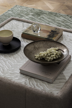 Boujee Square Glass Top Table in Lustro Dove Zora Natural - £595 & Mazia Swirl Rug – from £69