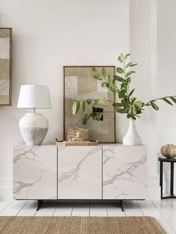 Furniture Village - Arctic 3 Door White Ceramic Sideboard, &pound;1249, Skyline Grey Ceramic Table Lamp, &pound;159