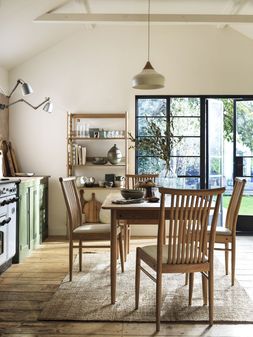 Furniture Village - Ercol Teramo Medium Extending Dining Table and 4 Chairs, &pound;2265, Gaucho Ceiling Light, &pound;69, Ercol Ballatta Shelf Unit, &pound;755