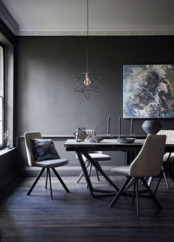 Aquila Dining Table, &pound;1,495, Aquila Pair of Dining Chairs, &pound;429, Lex Ceiling Light, &pound;79, Mindfulness Canvas, &pound;169