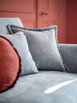 The Newbury 3 Seater in The Newbury Linen Look Chenille Sky All Over, £1199 The Strand Designer Footstool in The Strand Linen Chenille Sky All Over, £249