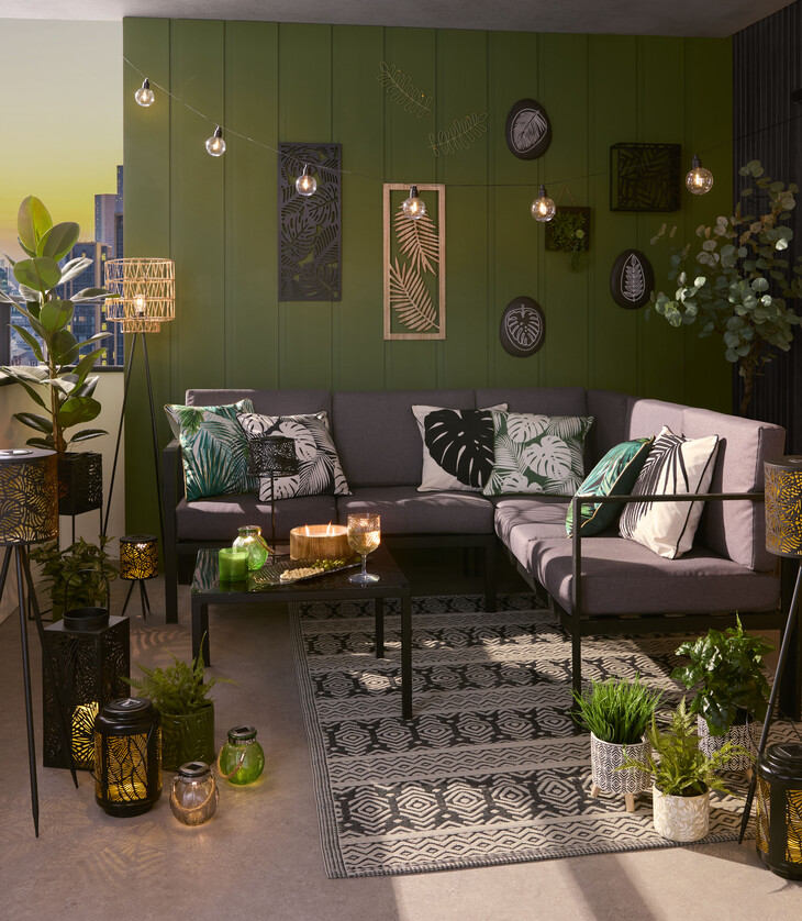 bamp-m-bm garden 2025 palm house 10 xl solar powered bulb string lights 15 green leaf metal wall art 3 each leaf cement wall plaque 3 each black metal wall sh