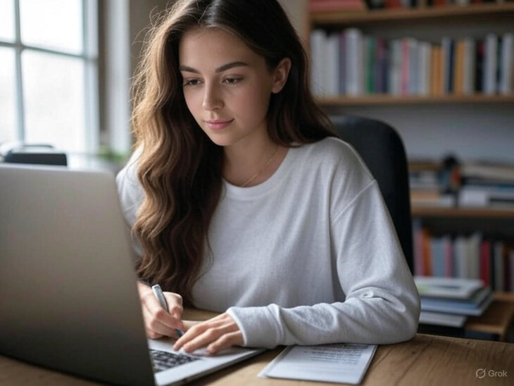 blogger creating blog post on laptop at desk