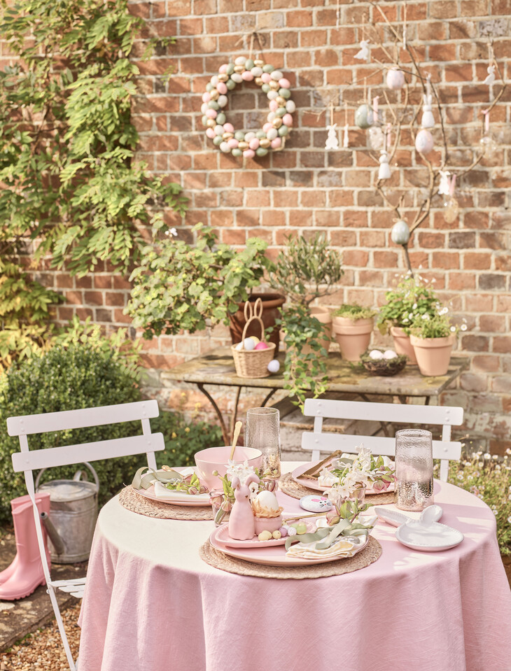 george home-hiball7 pink organic pasta bowl4 pink organic dinner set 35 beaded bunny shaped plate 4 bunny egg cup4 pink napkins-4pk7 pink tablecloth 16 beaded