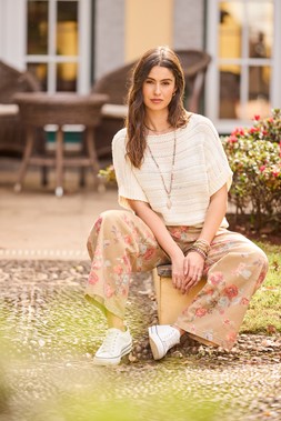 Summer Days Short Sleeve Knitted Jumper £35, Isla Printed Floral Wide Leg Jeans £60