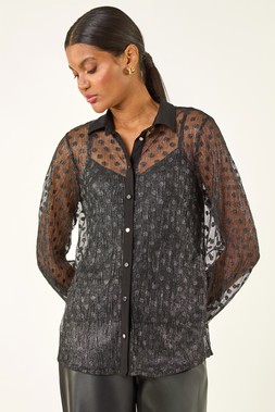 Roman Black Dobby Plisse Button Through Blouse