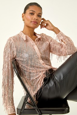 Roman Light Pink Sequin Tassel Stretch Shirt