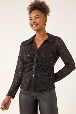 Roman Black Sequin Lace Collared Blouse