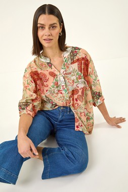 Roman Orange Paisley Print V-Neck Blouse