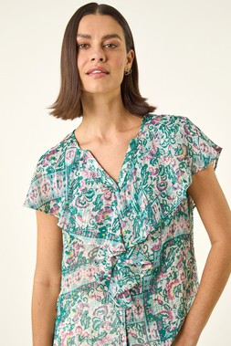 Roman Green Printed Metallic Ruffle Front Blouse