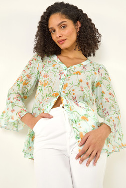 Roman Floral Flare Sleeve Buttoned Blouse