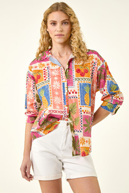 Roman Orange Tropical Print Cotton Shirt