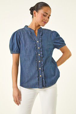 Roman petite Indigo Frill Front Buttoned Blouse