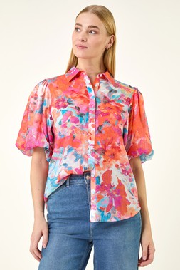 Roman Orange Abstract Print Buttoned Blouse