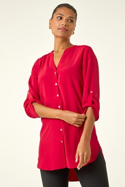 Roman Red Notch Neck Longline Blouse