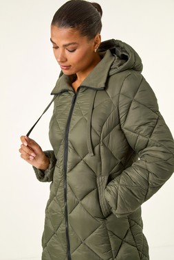 Roman Khaki Hooded Diamond Quilt Padded Coat