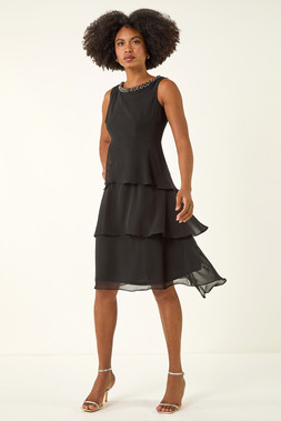 Roman Black Embellished Neck Tiered Chiffon Dress