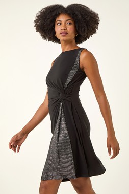 Roman Black Side Twist Sleeveless Glitter Dress