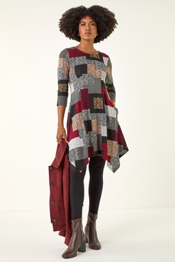 Roman Red Patchwork Pocket Detail Stretch Dress