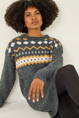 Roman Dark Grey Nordic Print Knitted Jumper Dress