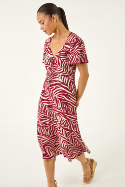 Roman Petite Wine Animal Stretch Gathered Midi Dress