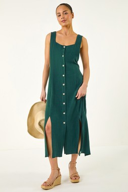 Roman Petite Dark Green Linen Blend Buttoned Midi Dress