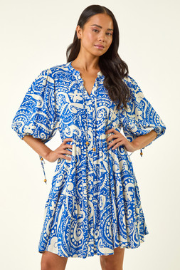 Roman Petite Royal Blue Print Button Smock Dress