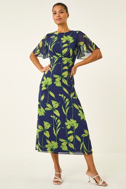 Roman Navy Leaf Print Back Tie Midi Dress