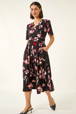 Roman Red Floral Print Wrap Midi Stretch Dress