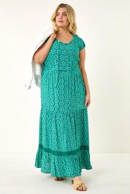 Roman Curve Turquoise Floral Print Swing Midi Dress