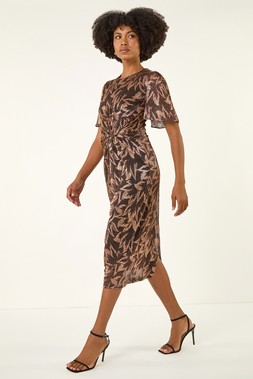 Roman Bronze Foil Print Twist Front Midi Dress