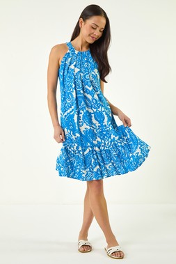 Roman Petite Blue Floral Halter Neck Shift Dress