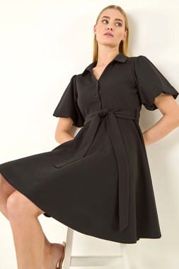 Roman Black Belted Puff Sleeve Short Dress